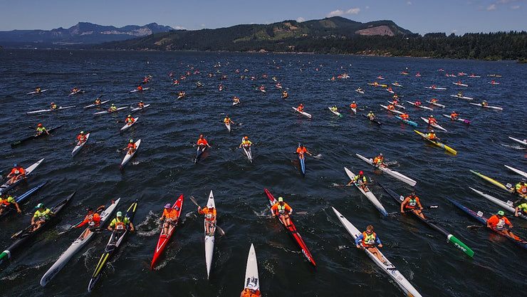 Lining up for the men’s surfski start: Photo courtesy of Gorge Downwind Champs